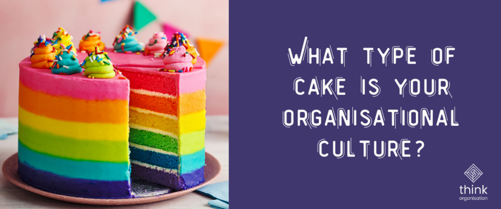 Image of a rainbow cake with the words what type of cake is your orgnisational culture?